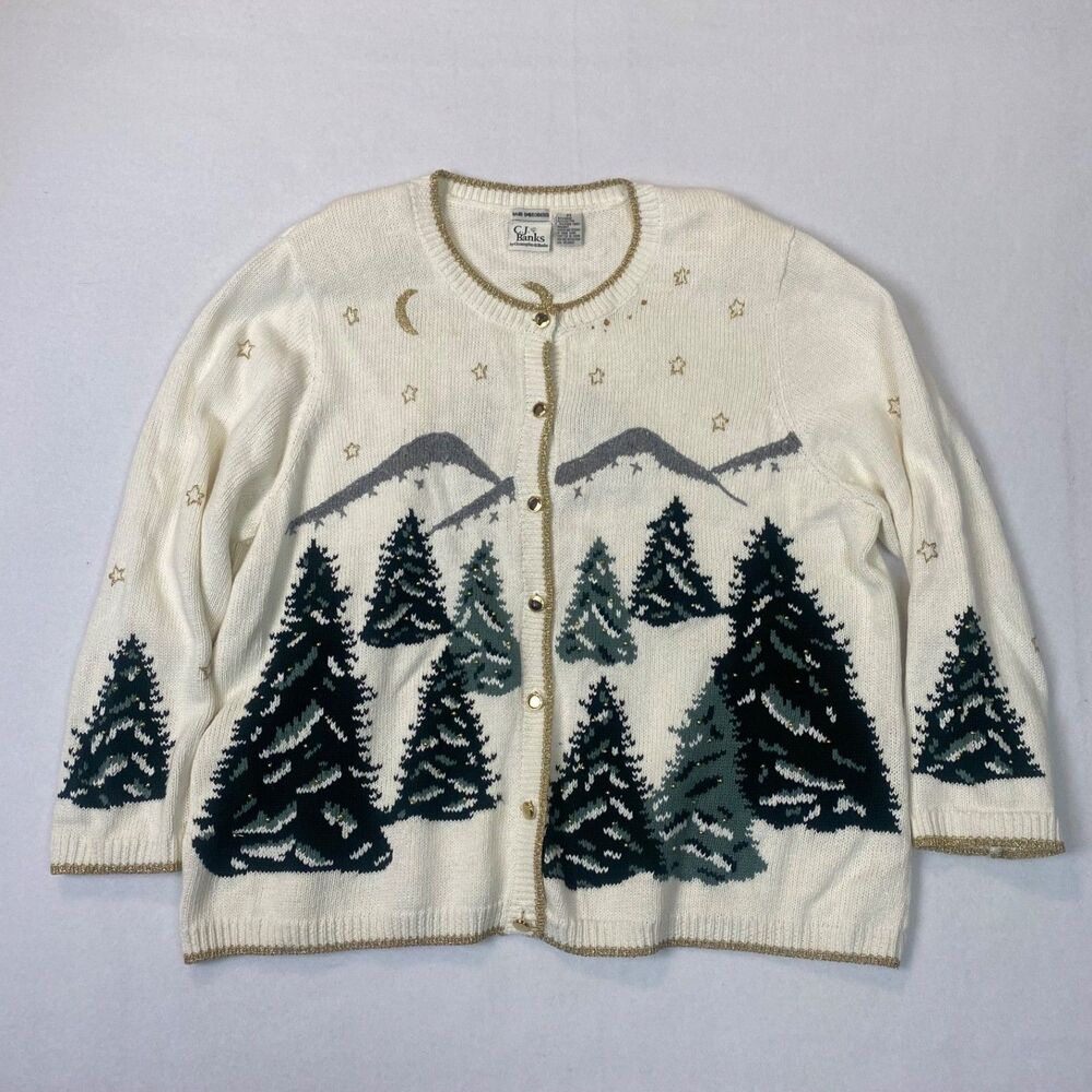 CJ Banks Cardigan Sweater 2XL Winter Trees Classy Holiday Knit Hand Embroidered